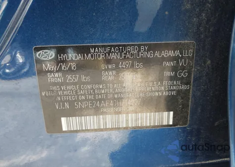 2018 Hyundai Sonata Se z USA, uszkodzony, nr VIN 5NPE24AF4JH714227